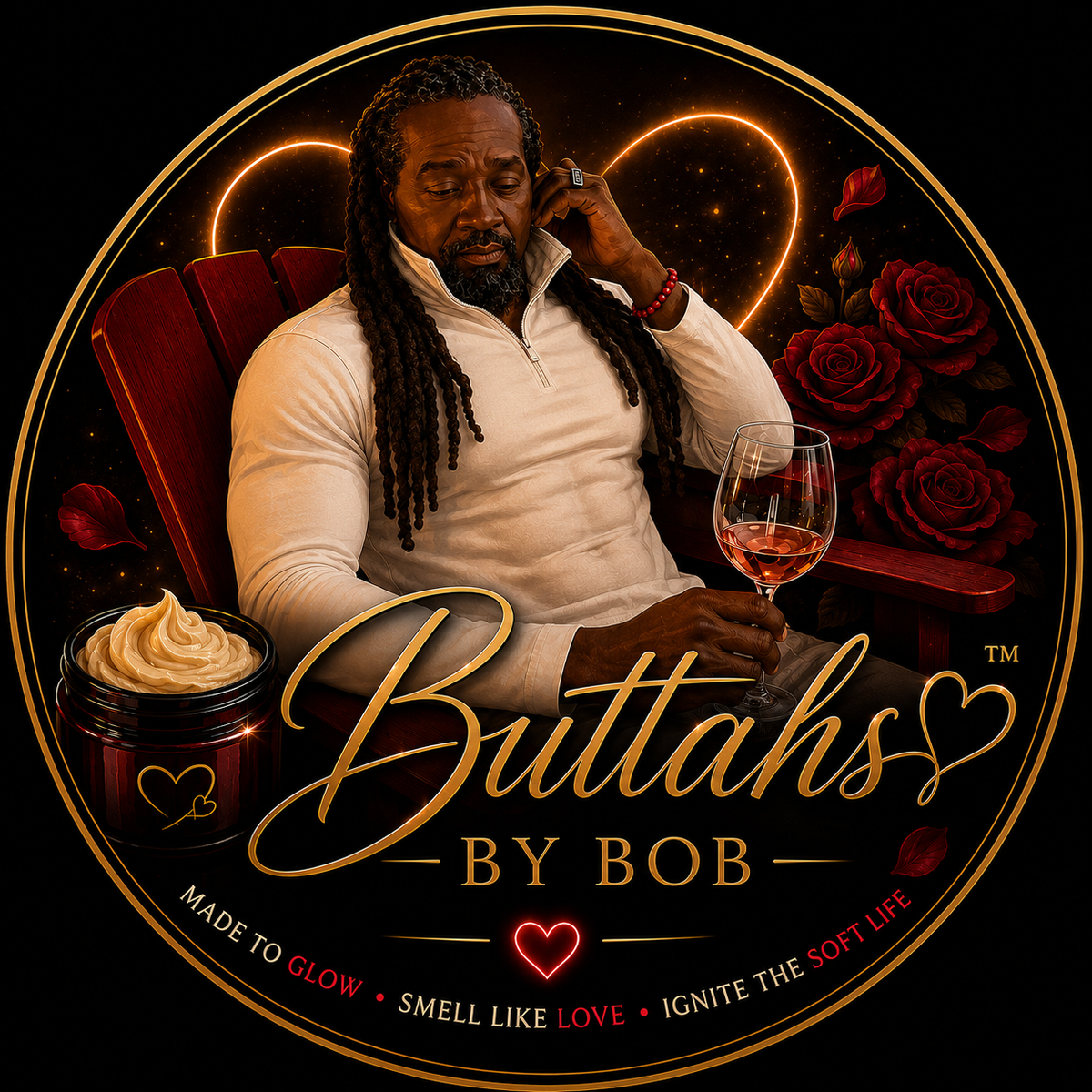 Buttahs by Bob brand artwork featuring Chef Bob, body buttah, roses, and wine